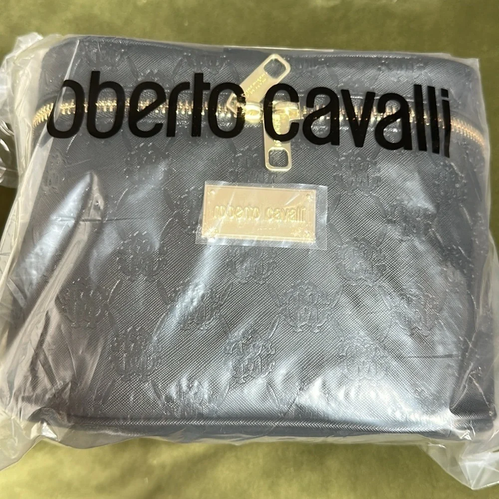NEW Roberto Cavalli Black Embossed Monogram Cosmetic Bag Train Case
